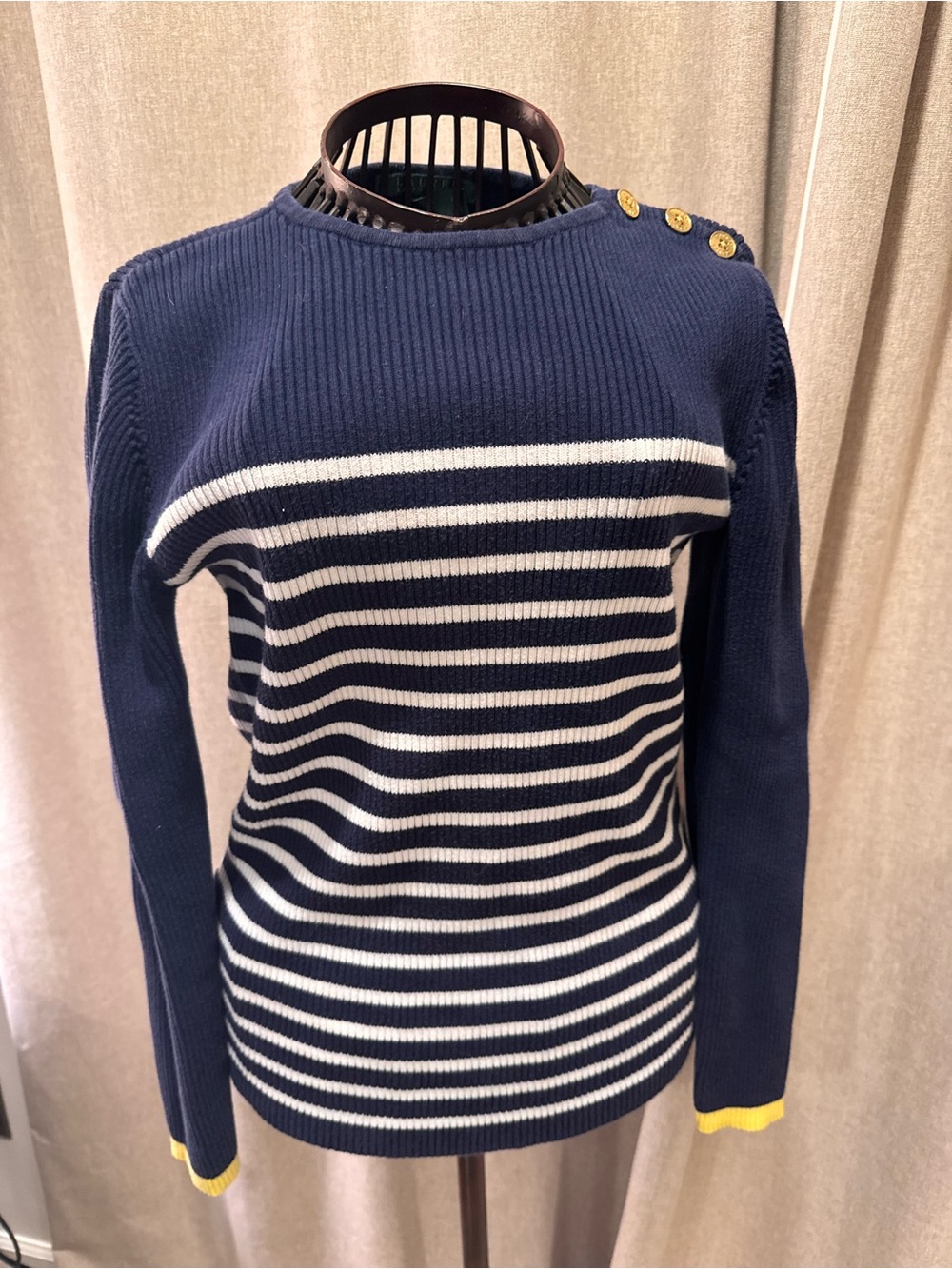 LAUREN Ralph Lauren Preppy Striped Shoulder Button Ribbed Sweater Navy Medium